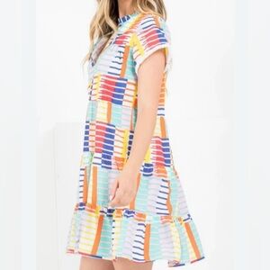 THML Tiered Multicolor Geometric Pattern Mini Peasant Dress Size Small